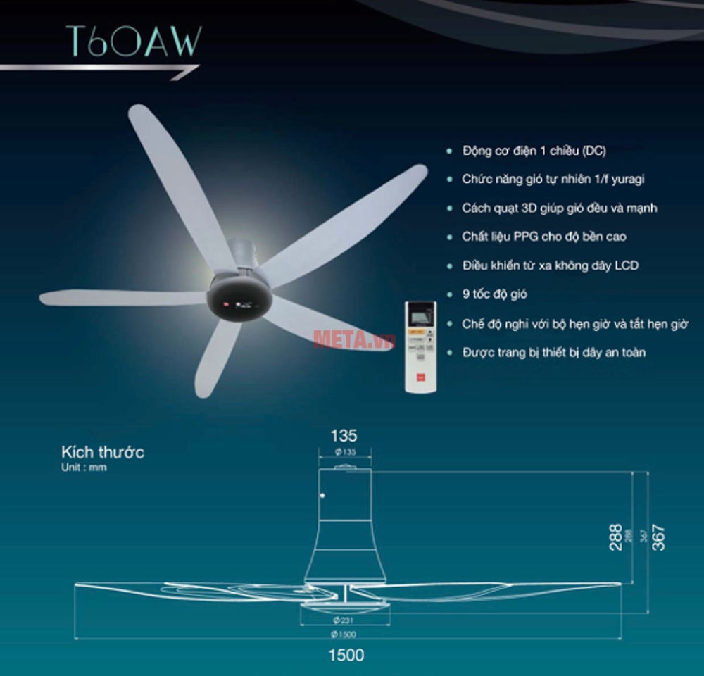 Quạt trần KDK T60AW 150cm cao cấp