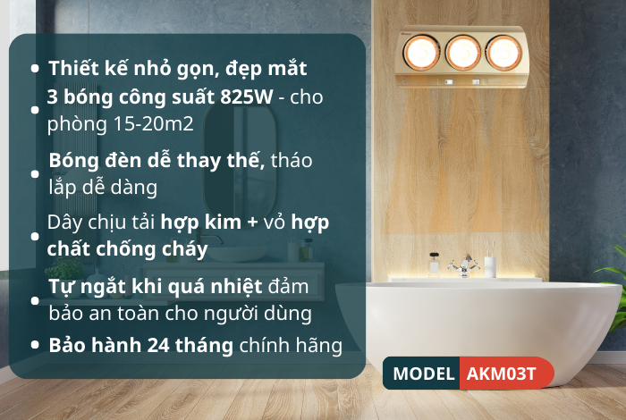 Đèn sưởi nhà tắm 3 bóng Ankomi AKM03T Nhật Bản