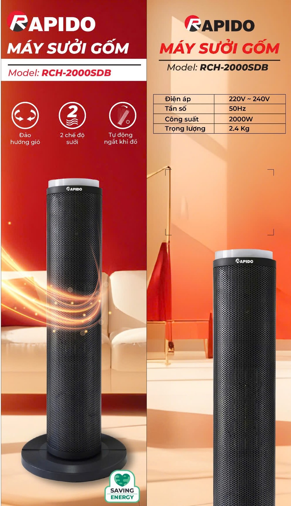  Máy sưởi gốm Rapido RCH-2000SDB chính hãng