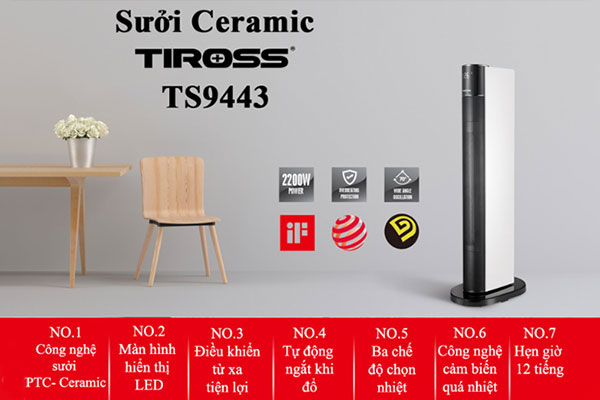 Quạt sưởi Ceramic Tiross TS9443 cho phòng 10–20 m²