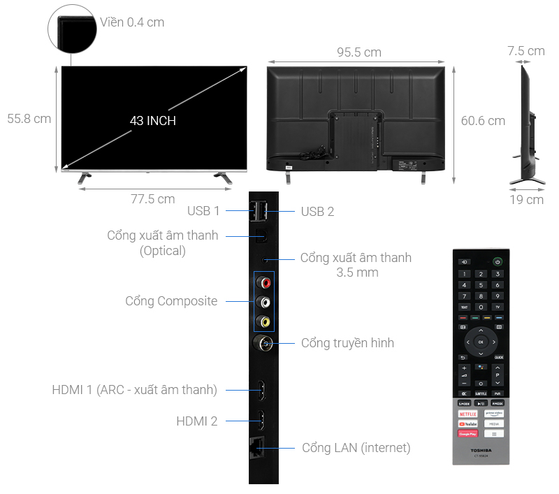 Thiết kế Tivi Toshiba 43V35RP viền mỏng