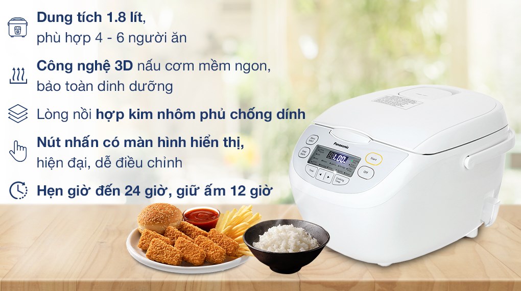 Nồi cơm điện tử Panasonic SR-CL188WRAM 1.8 lít là dòng nồi hướng đến gia đình đông người hoặc gia đình có nhu cầu nấu cơm nhiều trong mỗi bữa. Với dung tích lớn 1.8 lít, sản phẩm đáp ứng tốt cho gia đình từ 4–6 người, đảm bảo cơm chín đều, tơi xốp và giữ ấm ổn định sau khi nấu. Panasonic tiếp tục giữ triết lý thiết kế quen thuộc: ít phức tạp, dễ dùng, vận hành bền bỉ, phù hợp sử dụng hằng ngày trong thời gian dài. Đặc điểm nổi bật Dung tích 1.8 lít phù hợp gia đình đông người Dung tích 1.8 lít cho phép nấu lượng cơm lớn trong một lần, hạn chế phải nấu lại nhiều lần trong ngày. Đây là lựa chọn phù hợp cho gia đình nhiều thế hệ hoặc những bữa ăn đông người. Điều khiển điện tử đơn giản, dễ thao tác Nồi cơm điện tử Panasonic SR-CL188WRAM 1.8 lít được trang bị bảng điều khiển điện tử rõ ràng, các chế độ nấu được cài đặt sẵn. Người dùng chỉ cần chọn chế độ phù hợp, nồi sẽ tự động kiểm soát nhiệt độ và thời gian nấu. Thiết kế này giúp hạn chế lỗi thao tác, đặc biệt phù hợp với người lớn tuổi. Cơm chín đều, giữ ấm ổn định Công nghệ gia nhiệt ổn định giúp hạt gạo chín đều từ trong ra ngoài, hạn chế tình trạng cơm sống hoặc nhão. Sau khi nấu xong, nồi tự động chuyển sang chế độ giữ ấm, giúp cơm luôn nóng mà không bị khô nhanh. Lòng nồi chống dính, dễ vệ sinh Lòng nồi được phủ lớp chống dính chất lượng cao, giúp cơm không bám đáy, không cháy khét. Việc vệ sinh sau khi sử dụng nhanh chóng, tiết kiệm thời gian cho người nội trợ. Độ bền cao, phù hợp sử dụng lâu dài Panasonic là thương hiệu được đánh giá cao về độ bền. Nồi cơm điện tử Panasonic SR-CL188WRAM 1.8 lít được thiết kế để hoạt động ổn định trong thời gian dài, phù hợp với nhu cầu sử dụng hằng ngày của gia đình Việt. Thông số kỹ thuật Thông số Chi tiết Model SR-CL188WRAM Thương hiệu Panasonic Loại nồi Nồi cơm điện tử Dung tích 1.8 lít Công suất 750 – 800 W Bảng điều khiển Điện tử Chế độ nấu Nấu cơm, giữ ấm Lòng nồi Chống dính Chất liệu vỏ Nhựa cao cấp Điện áp 220V – 50Hz Xuất xứ Trung Quốc Bảo hành 12 tháng chính hãng Kết luận Với dung tích lớn, khả năng nấu ổn định và thiết kế dễ sử dụng, nồi cơm điện tử Panasonic SR-CL188WRAM 1.8 lít là lựa chọn phù hợp cho gia đình đông người cần một chiếc nồi bền, ít lỗi, cơm chín đều và giữ ấm tốt. Đây là dòng sản phẩm tập trung vào hiệu quả sử dụng thực tế, phù hợp cho nhu cầu nấu cơm hằng ngày lâu dài.