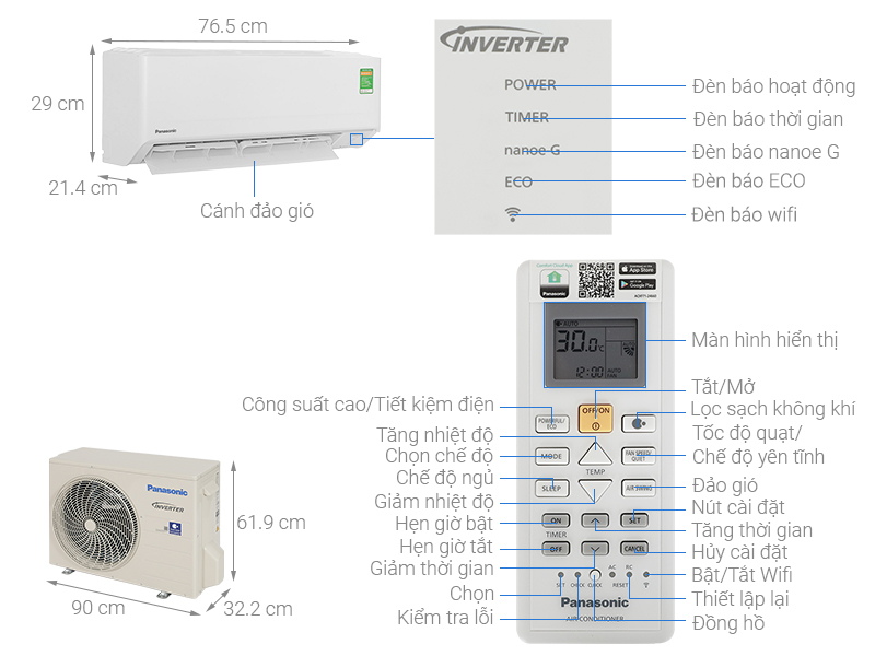 Thông số kỹ thuật Thông số Chi tiết Model CU/CS-RU18AKH-8 Loại máy Điều hòa inverter 1 chiều Công suất làm lạnh danh định 5.28 kW (≈ 18.000 BTU/h) Phạm vi làm lạnh hiệu quả 20 – 30 m² Công nghệ tiết kiệm điện Inverter Điện năng tiêu thụ định mức Khoảng 1.47 kW Chỉ số hiệu suất năng lượng CSPF Khoảng 4.6 Nguồn điện 1 pha, 220V ~ 50Hz Môi chất lạnh R32 Lưu lượng gió dàn lạnh Khoảng 18.0 m³/phút Khả năng khử ẩm Khoảng 2.9 L/h Độ ồn dàn lạnh 30 – 44 dB(A) Độ ồn dàn nóng Khoảng 52 dB(A) Kích thước dàn lạnh (RxCxS) 295 × 1040 × 244 mm Khối lượng dàn lạnh Khoảng 12 kg Kích thước dàn nóng (RxCxS) 619 × 824 × 299 mm Khối lượng dàn nóng Khoảng 32 kg Đường kính ống lỏng 6.35 mm Đường kính ống gas 12.7 mm Chiều dài ống tối đa 30 m Chênh lệch độ cao tối đa 20 m Xuất xứ Malaysia (tùy lô hàng chính hãng) Bảo hành 12 tháng toàn bộ máy, 7 năm máy nén theo chính sách Panasonic Việt Nam