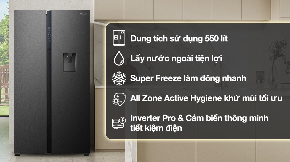 Tủ lạnh Hisense RS708N4EBND Inverter 550 lít Side By Side – Dung Tích Lớn, Tiết Kiệm Điện, Thiết Kế Hiện Đại