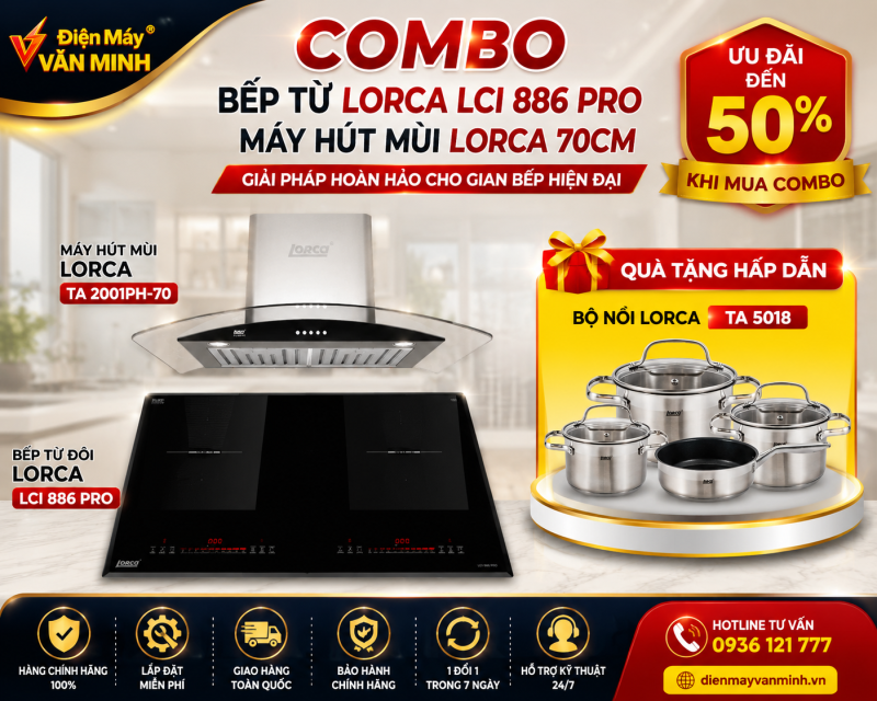 Combo bếp từ Lorca LCI 886 Pro và máy hút mùi Lorca 70cm