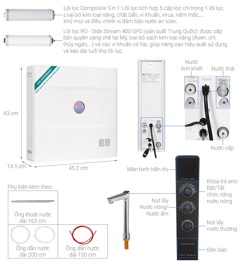 Kích thước A.O. Smith LUX-AOU800HOT